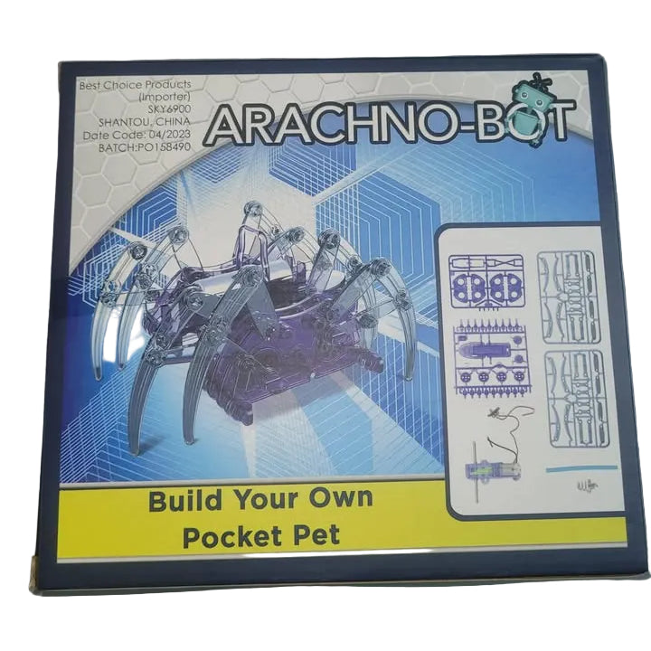 Box for Arachno-Bot toy kit with spider design and text on a white background