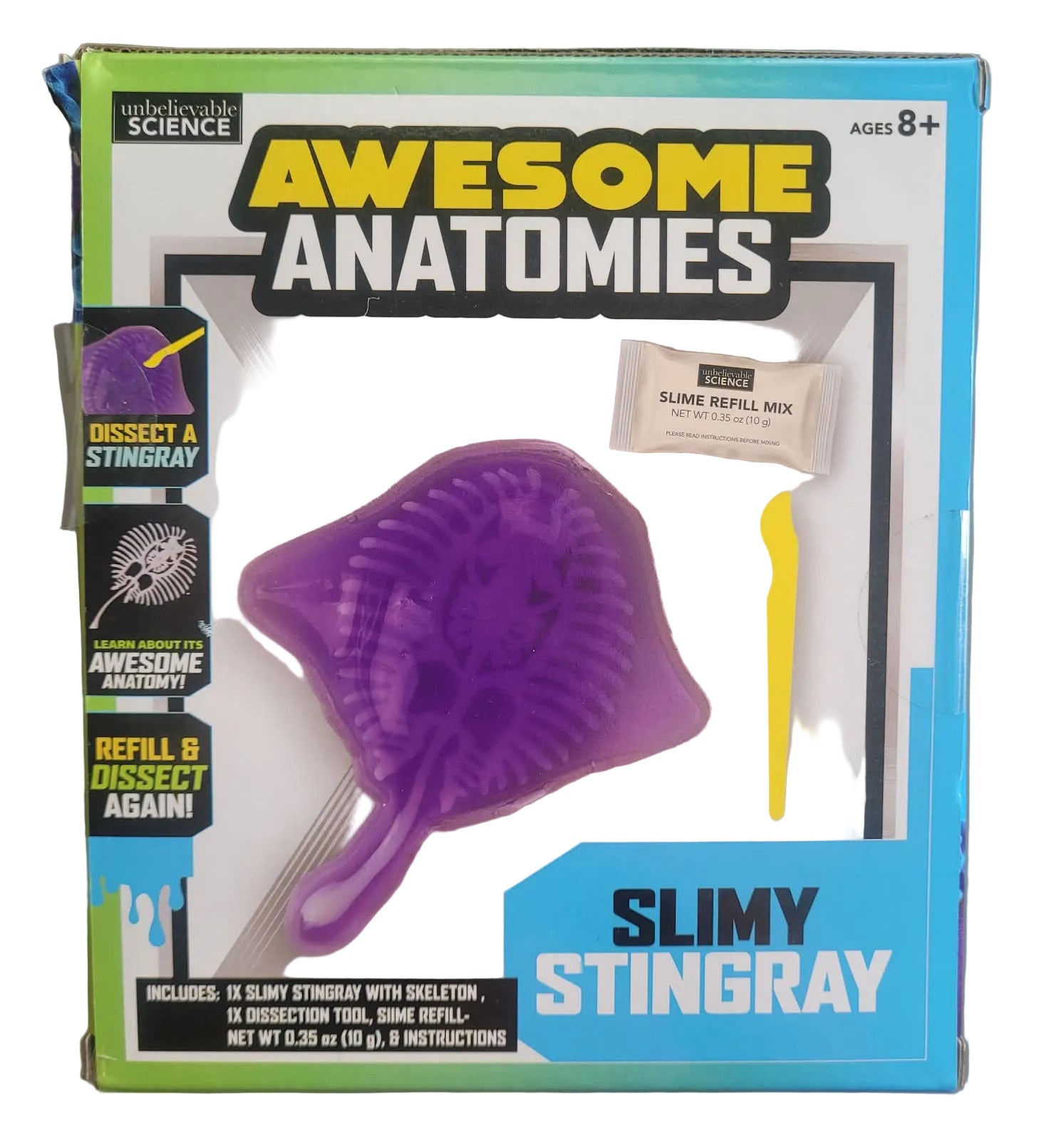 Box of 'Awesome Anatomies Slimy Stingray' science kit on a gray background