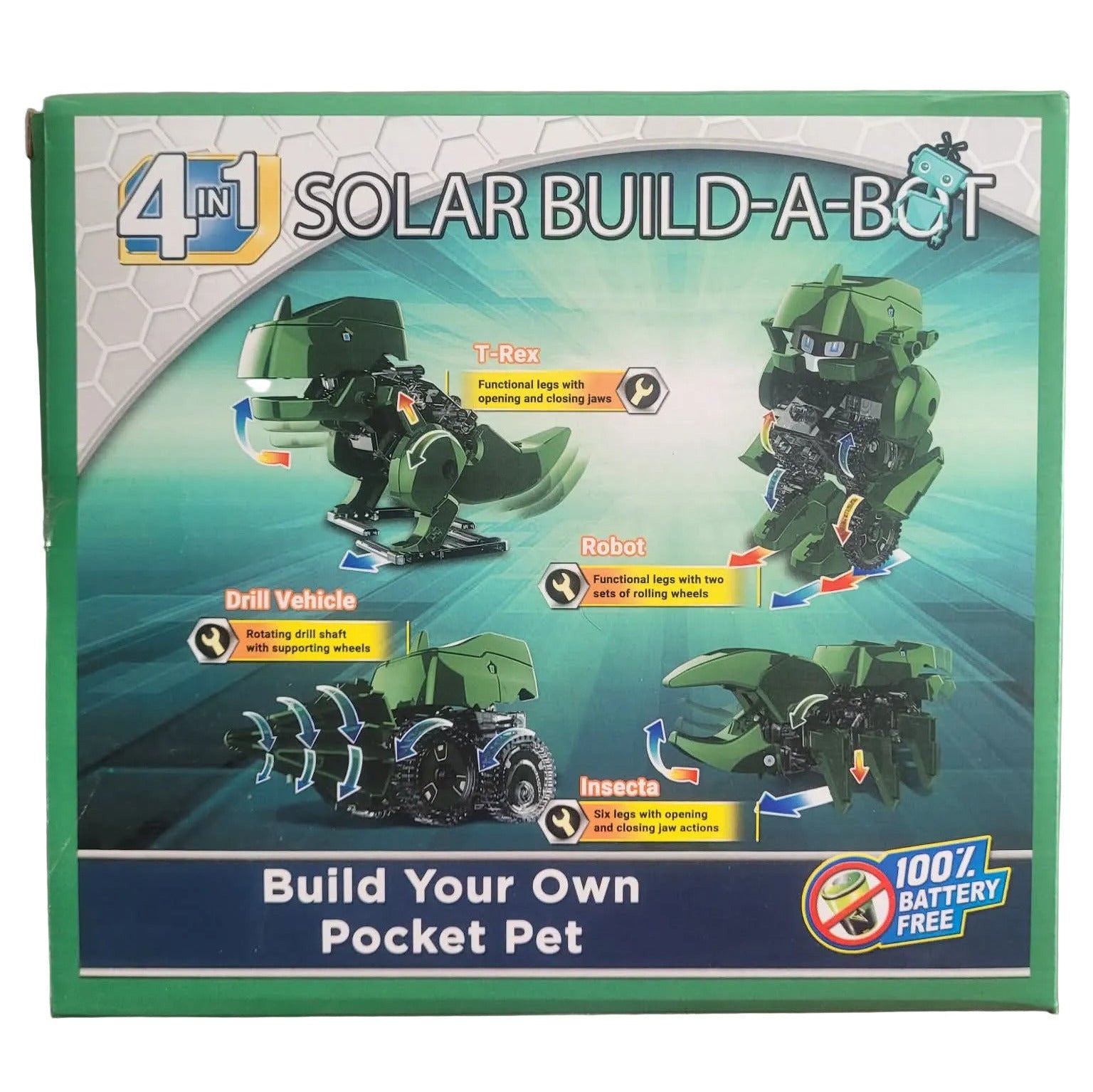 Box of 4-in-1 Solar Build-A-Bot toy set with various robot forms on a green and blue background.