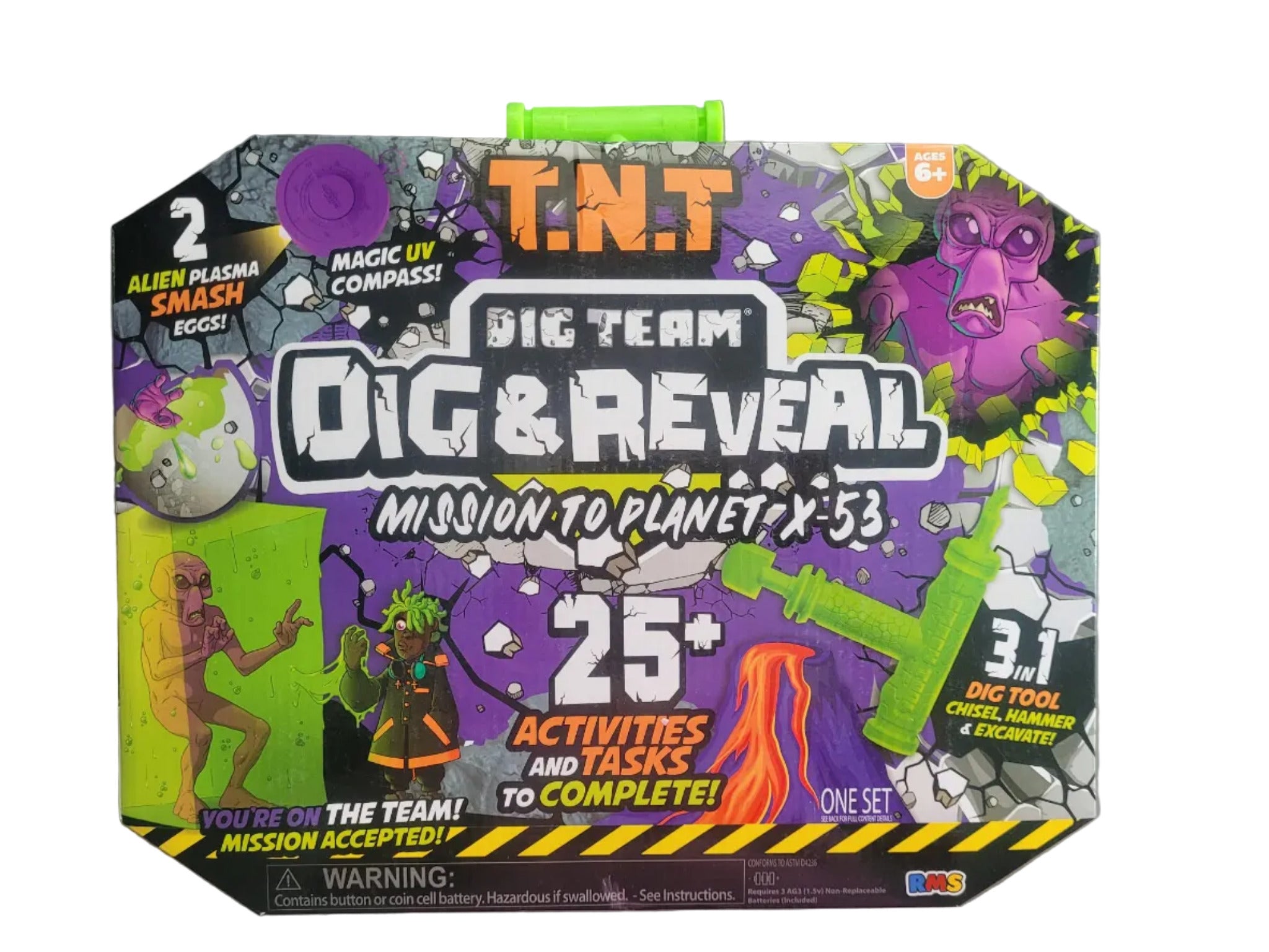 Toy packaging for 'TNT Dig Team Dig & Reveal' with colorful graphics and text.