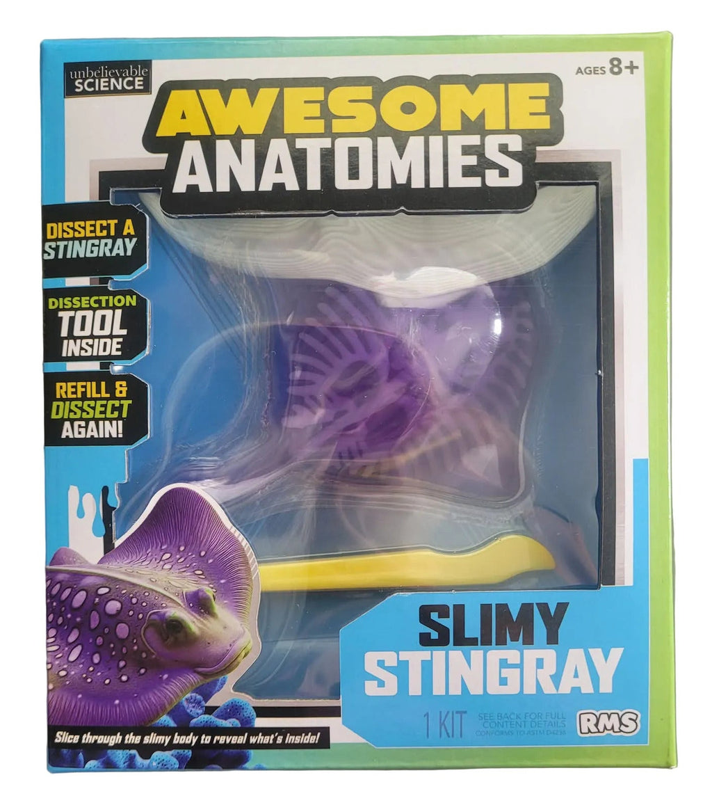 Package of 'Awesome Anatomies' Slimy Stingray toy with clear window showing stingray skeleton.