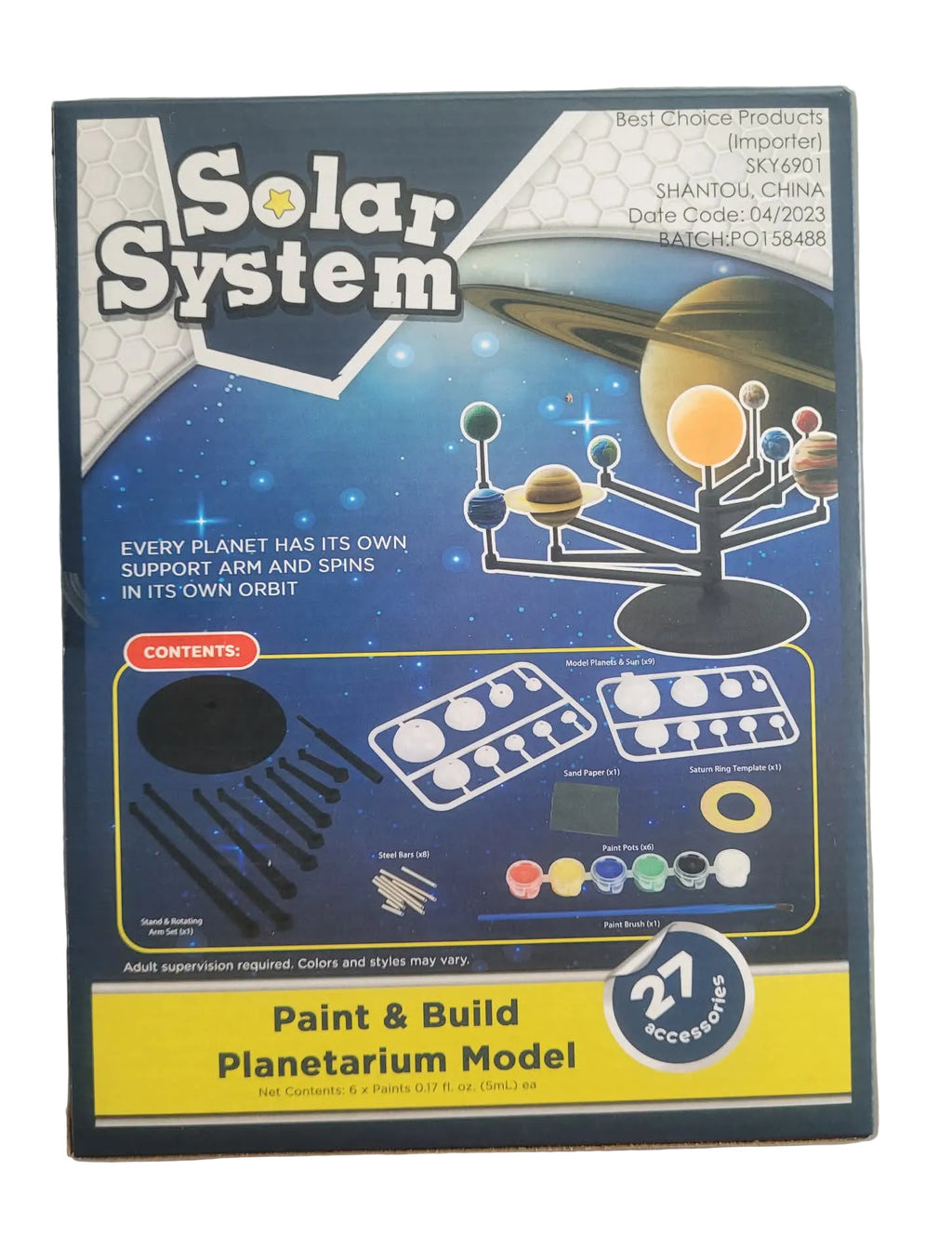 Packaging of a solar system model kit with illustrations of planets and stars.