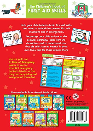 Back cover of a children's book on first aid skills with text and images of characters and emergency information.