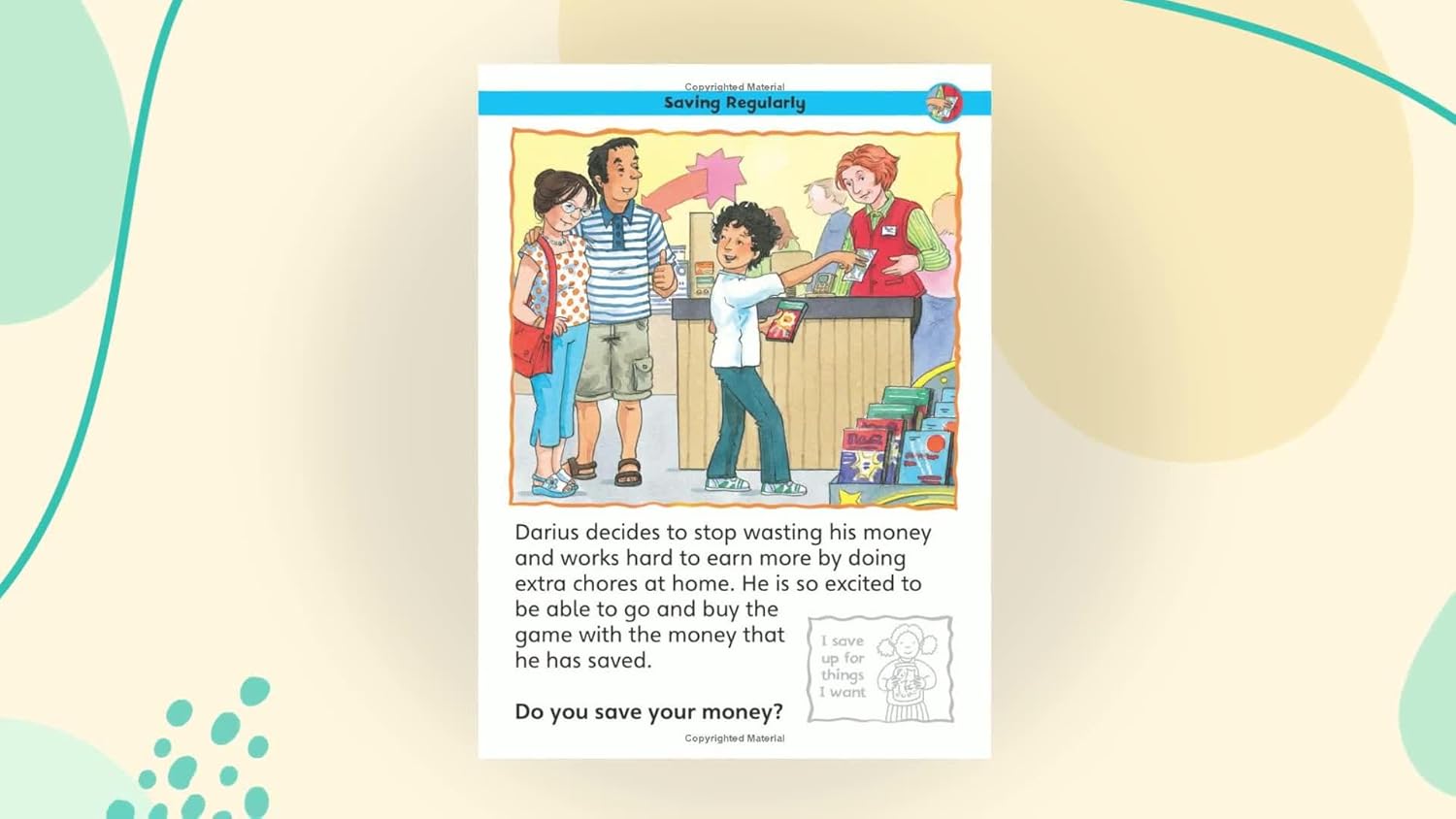 Educational children's book page with a cartoon illustration of a family and text.
