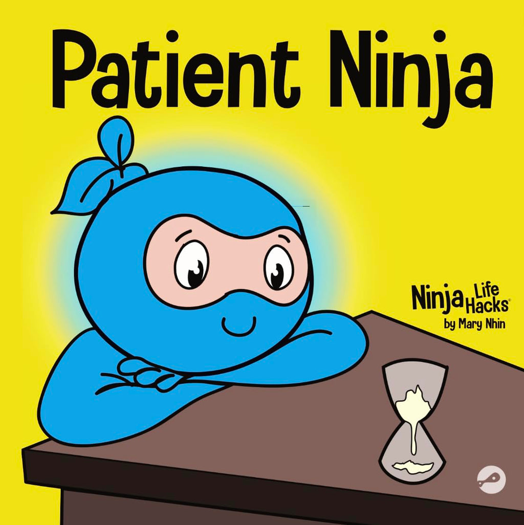 Book cover of 'Patient Ninja' with a cartoon character in a blue ninja outfit on a yellow background.