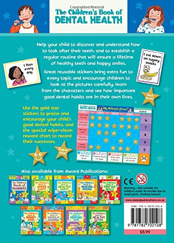 Back cover of 'The Children's Book of Dental Health' with text and images of children and dental health activities.