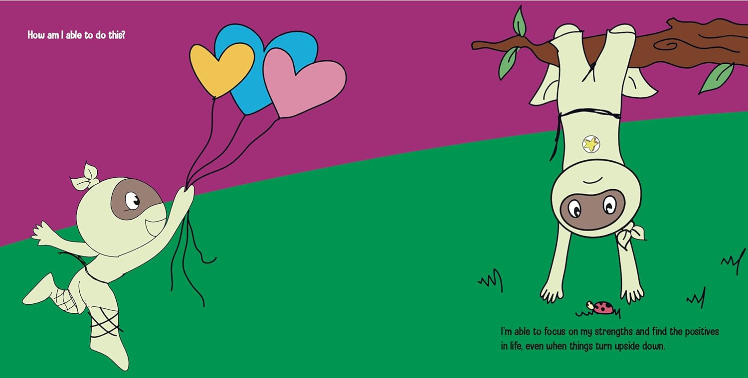 Cartoon character with balloons and another character hanging from a branch on a green and purple background.