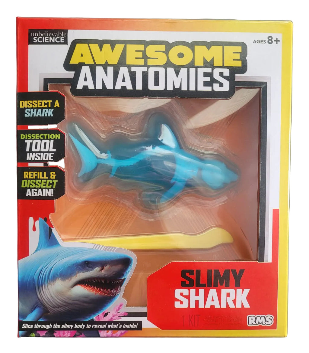 Box of 'Awesome Anatomies' slimy shark toy with shark illustration and text on a white background