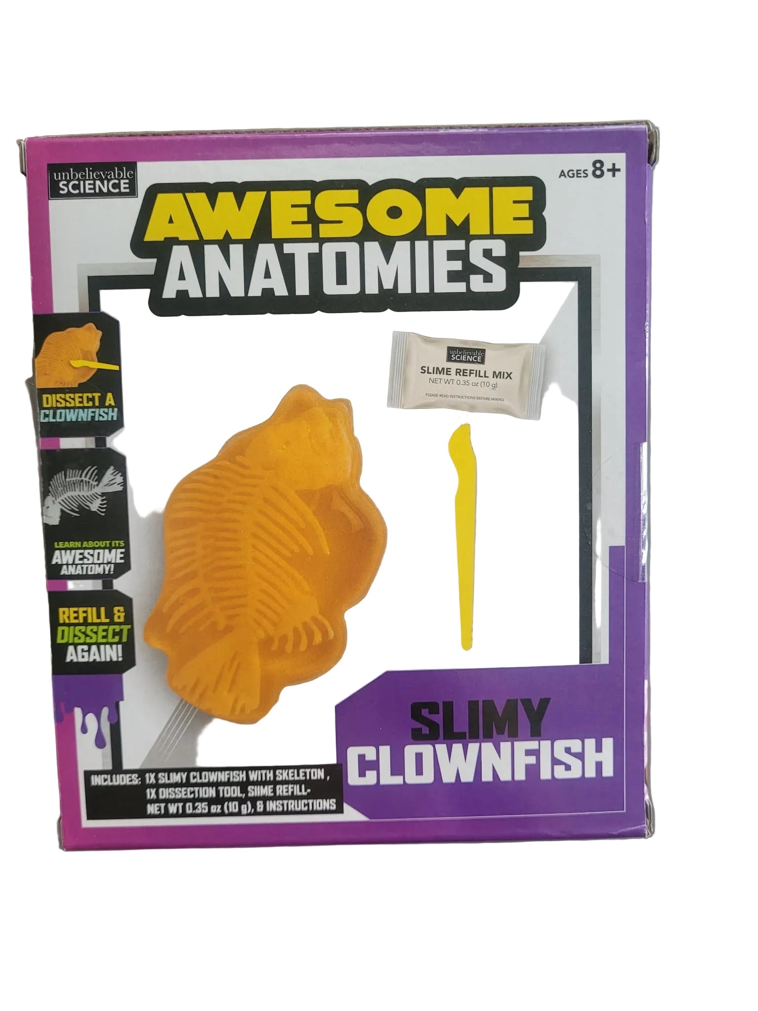 Box of 'Awesome Anatomies' slimy clownfish toy on a gray background