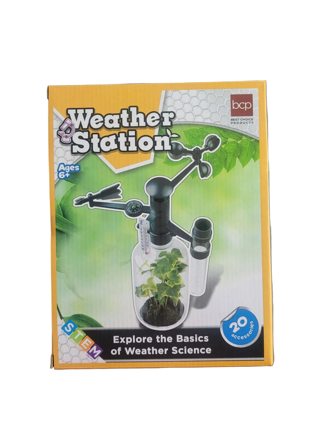 Box of a weather station science stem kit with a green and yellow design.