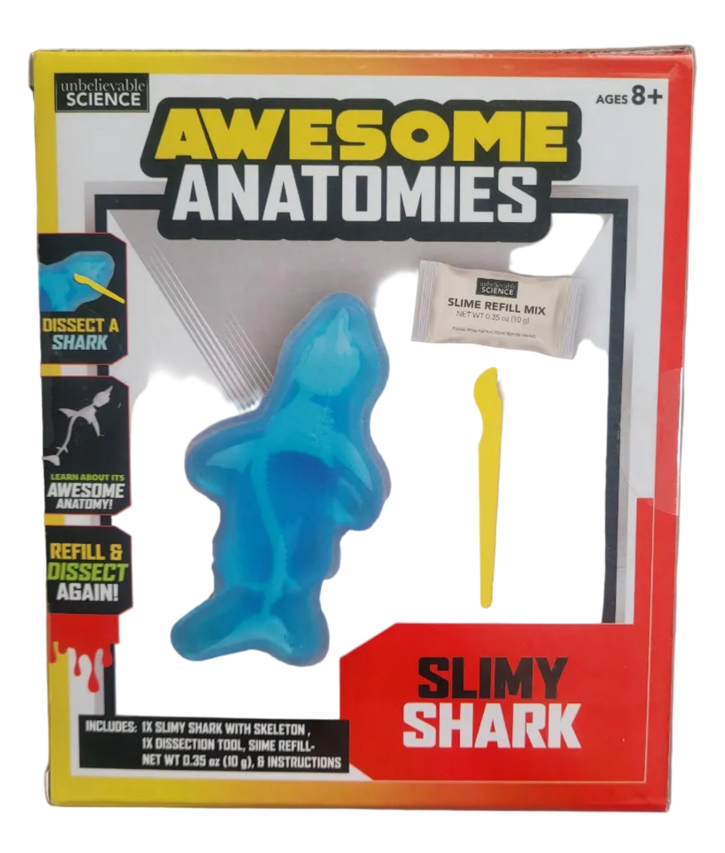 Packaging of 'Awesome Anatomies' slimy shark toy with blue shark figure and yellow tool.