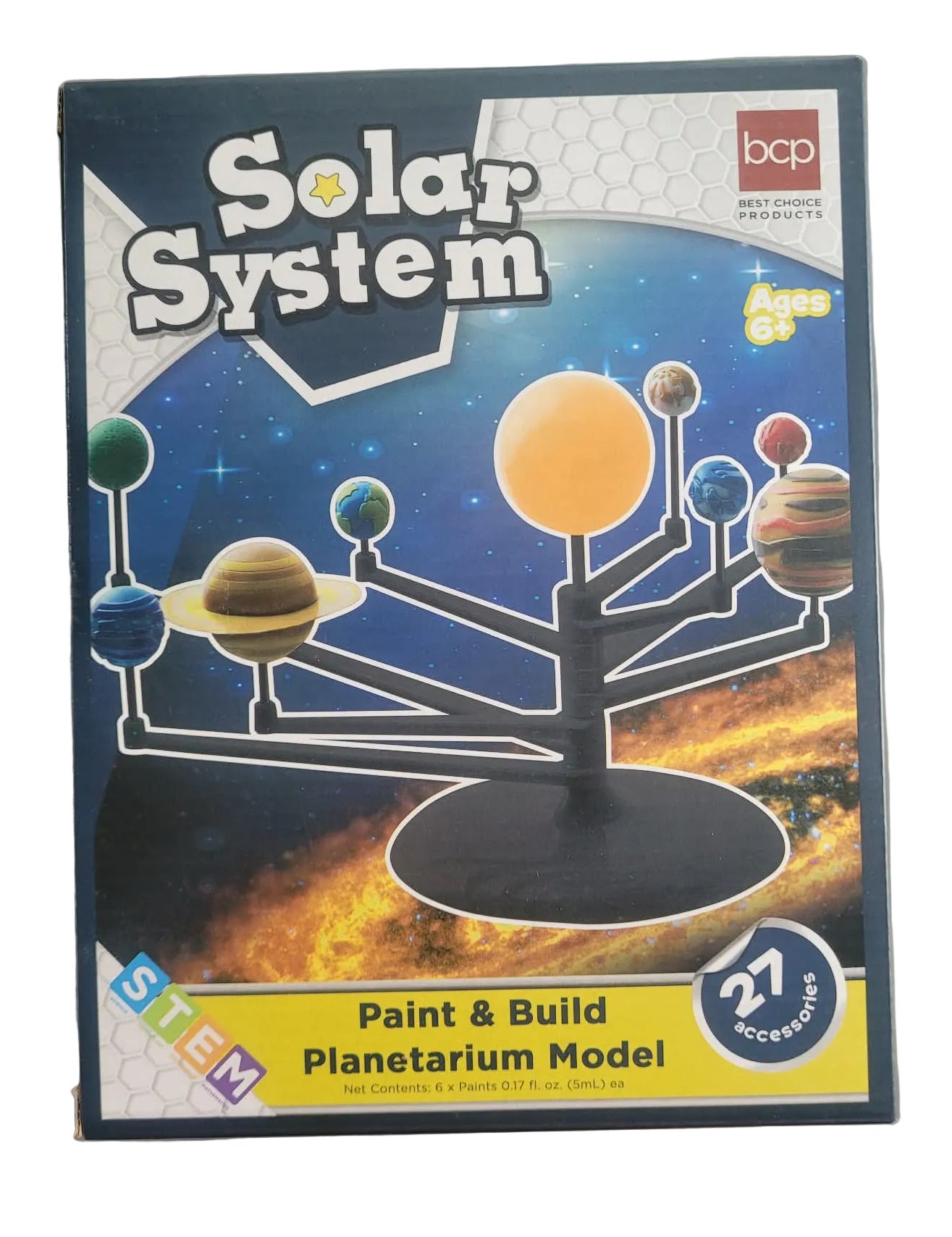 Stem Box for a solar system paint and build planetarium model with colorful planets on a blue background.