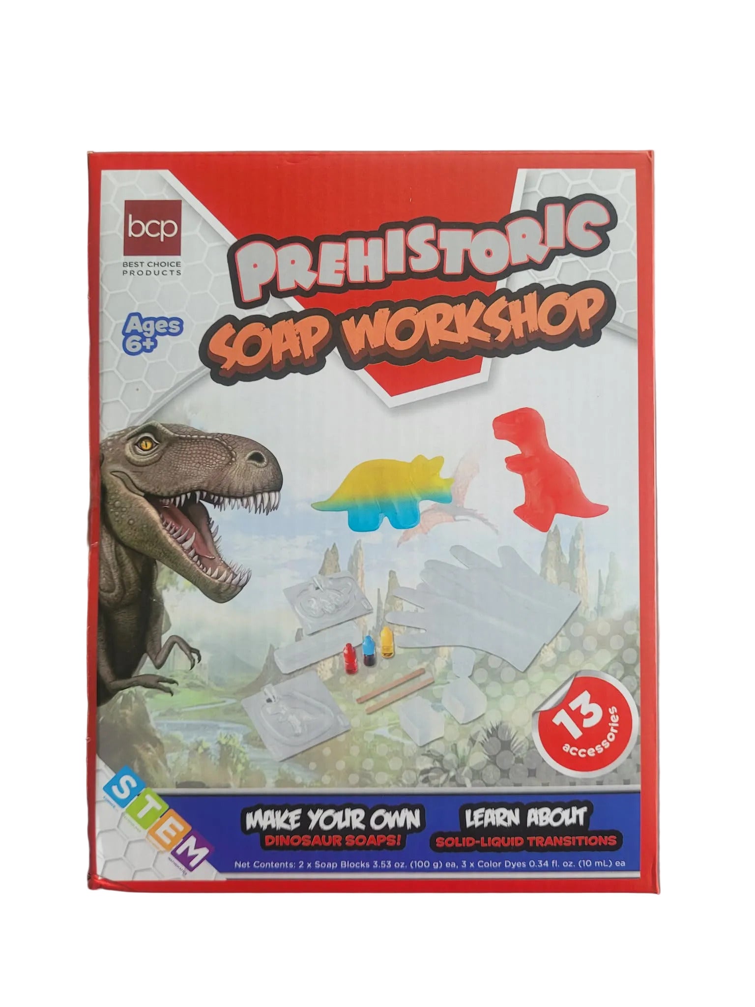 Prehistoric soap workshop stem kit packaging with dinosaur illustration on a white background