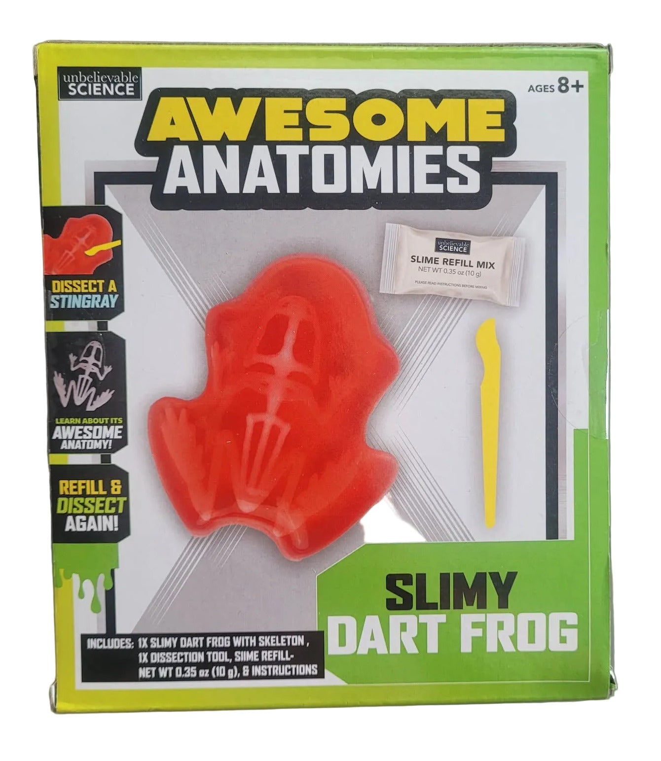 Box of 'Awesome Anatomies' Slimy Dart Frog toy with red frog figure and green packaging.