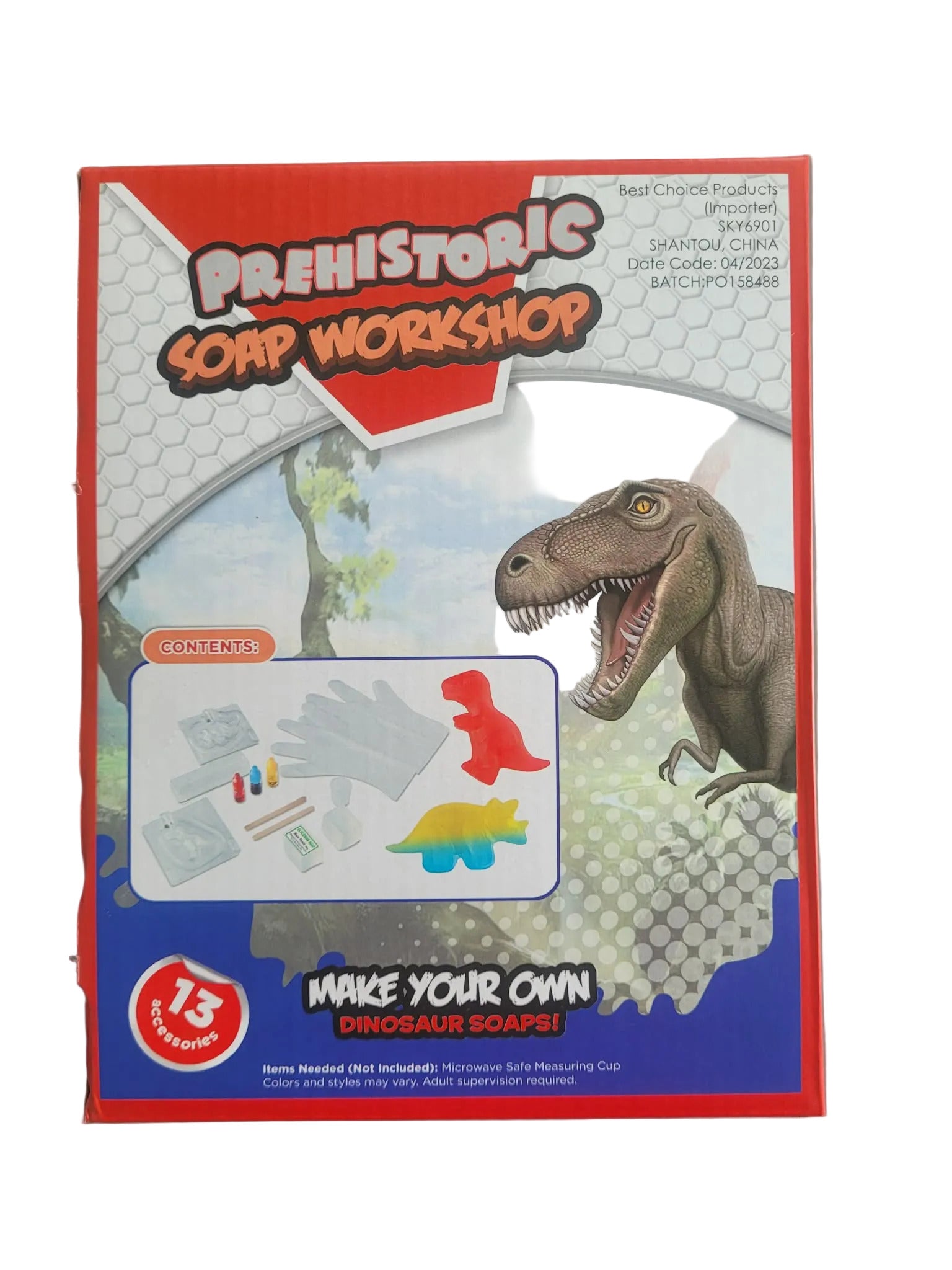 Packaging of a 'Prehistoric Soap Workshop' kit with a dinosaur design on a white background.