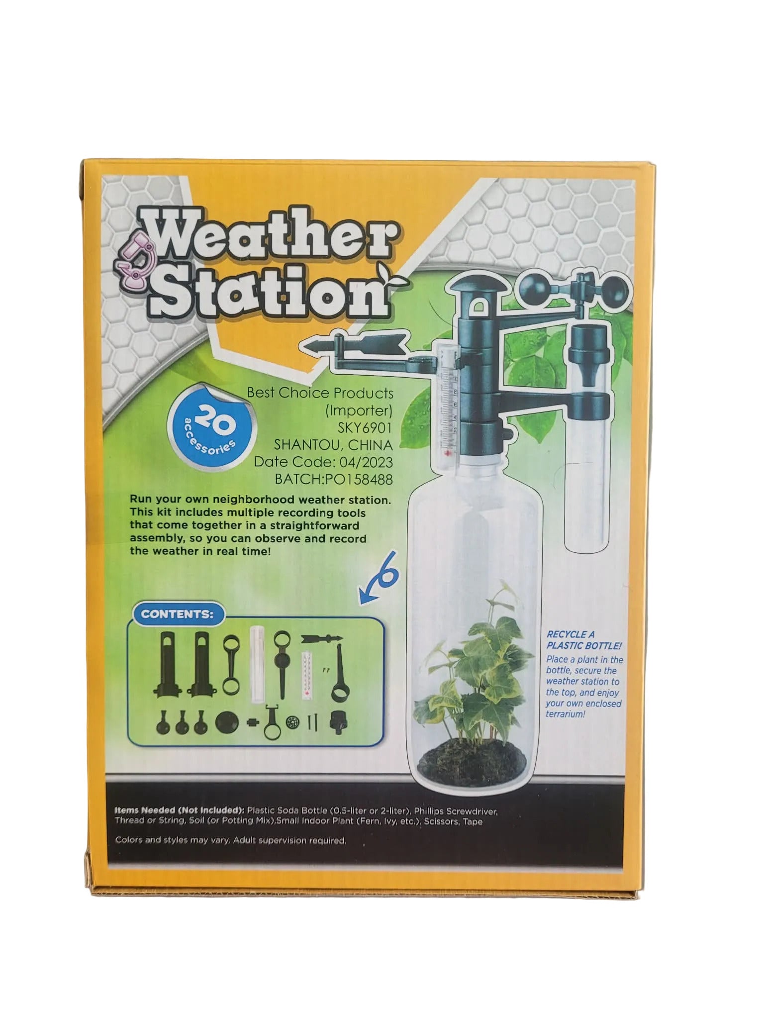 Box for a weather station kit with text and graphics on a white background