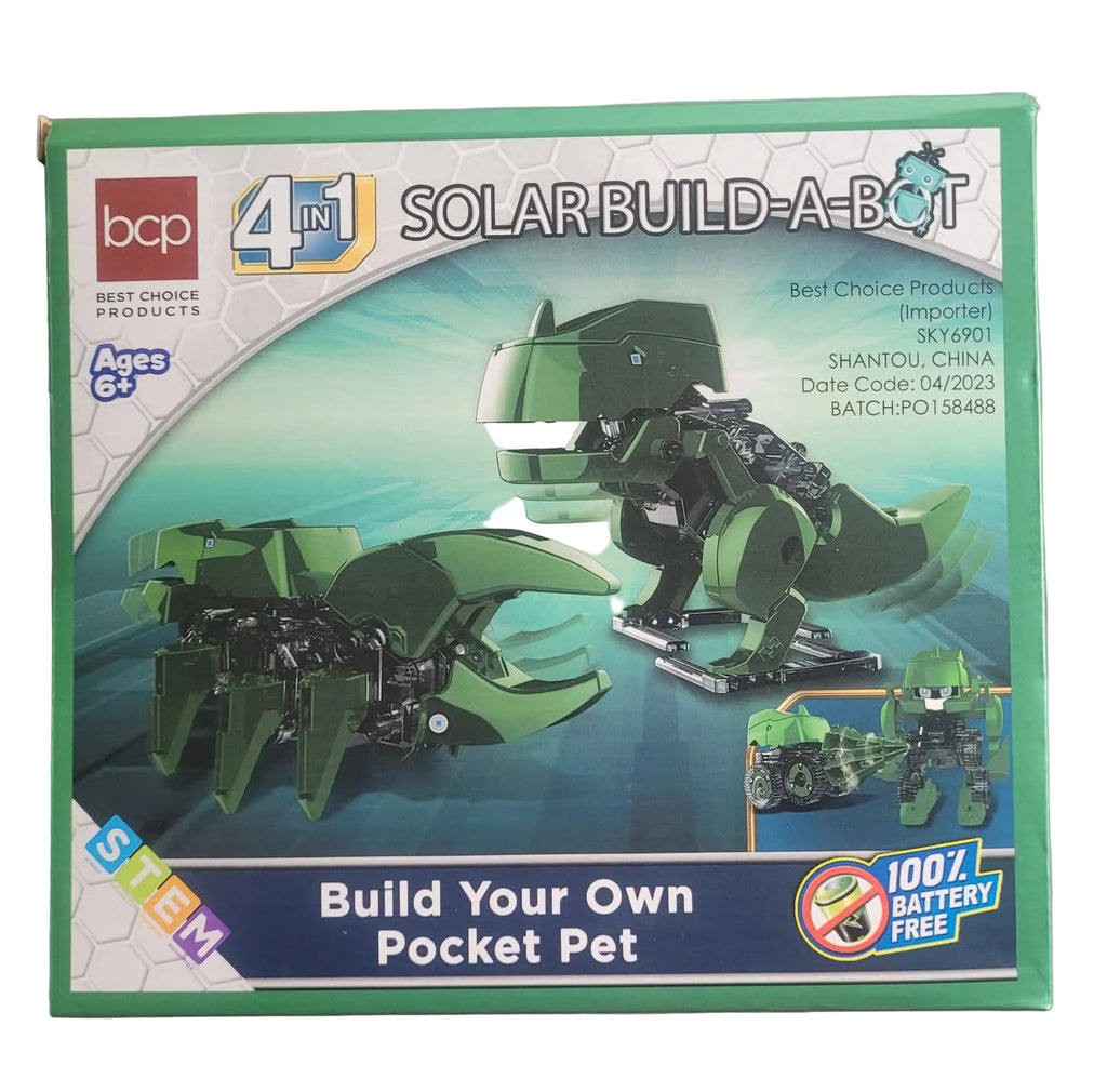 Box of a solar build-a-bot toy set with green robot design on a white background