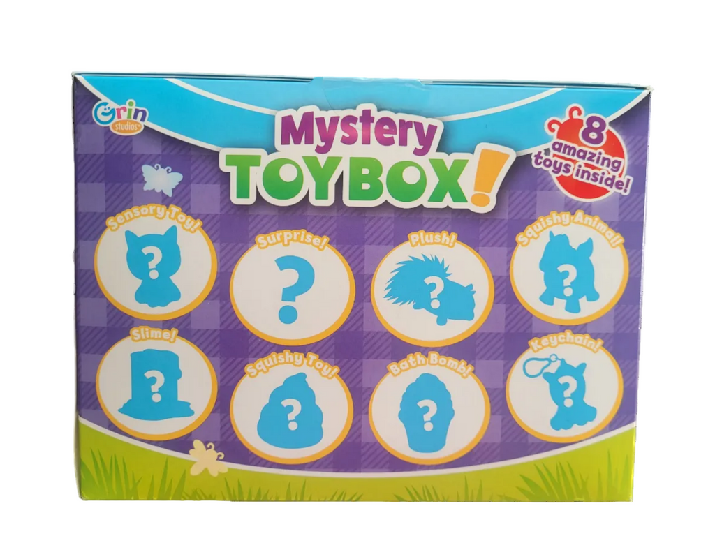 Purple toy mystery box with cartoon character icons and 'Toy Box' branding.