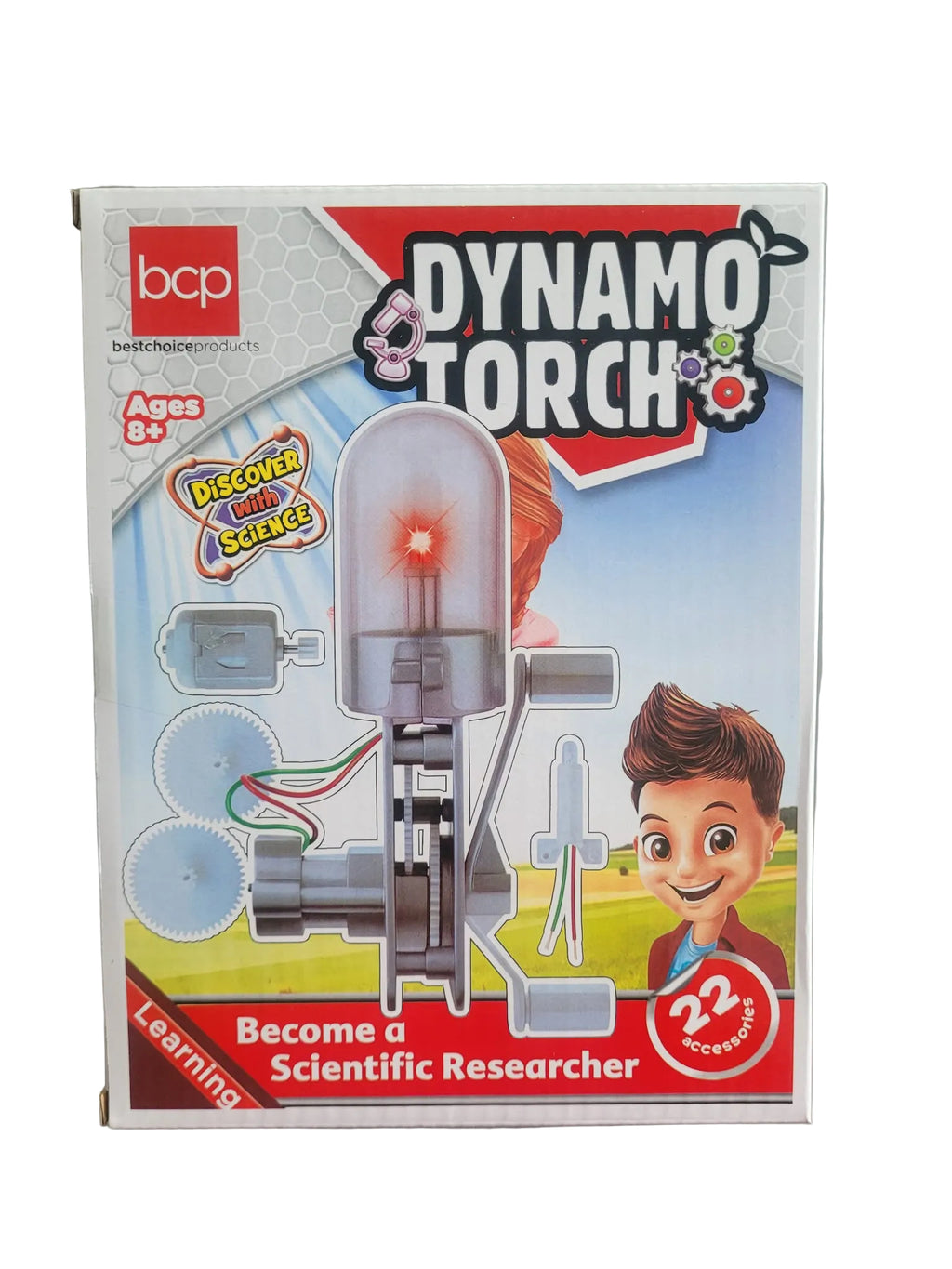 Box of a Dynamo Torch science stem kit for children, featuring a cartoon character and educational text.