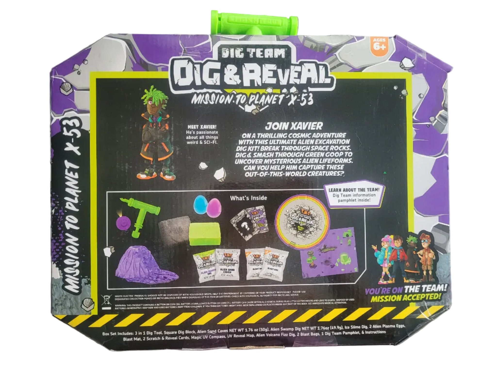 Toy packaging for 'Dig & Reveal' with character illustration and text on a white background