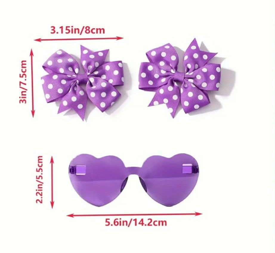 Purple heart-shaped sunglasses with polka dot bows and measurements on a white background
