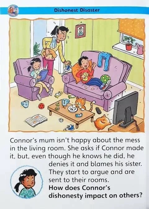 Cartoon illustration of a family in a living room with a mess, showing a child denying responsibility.