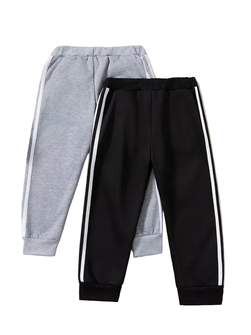 Black and gray sweatpants with white stripes on a white background