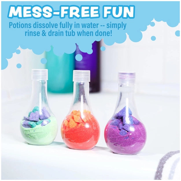 Three colorful bottles with powdery substances inside, labeled 'Mess-Free Fun' on a light blue background.