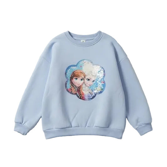 Light blue sweatshirt with frozen character design on a gray background