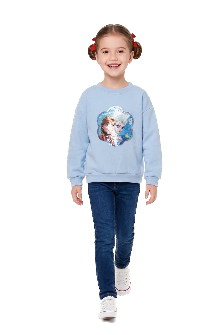 Child wearing a light blue frozen sweater with a character design on a white background