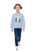 Child wearing a light blue frozen sweater with a character design on a white background