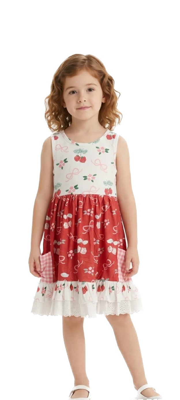 Young girl wearing a red floral dress on a white background