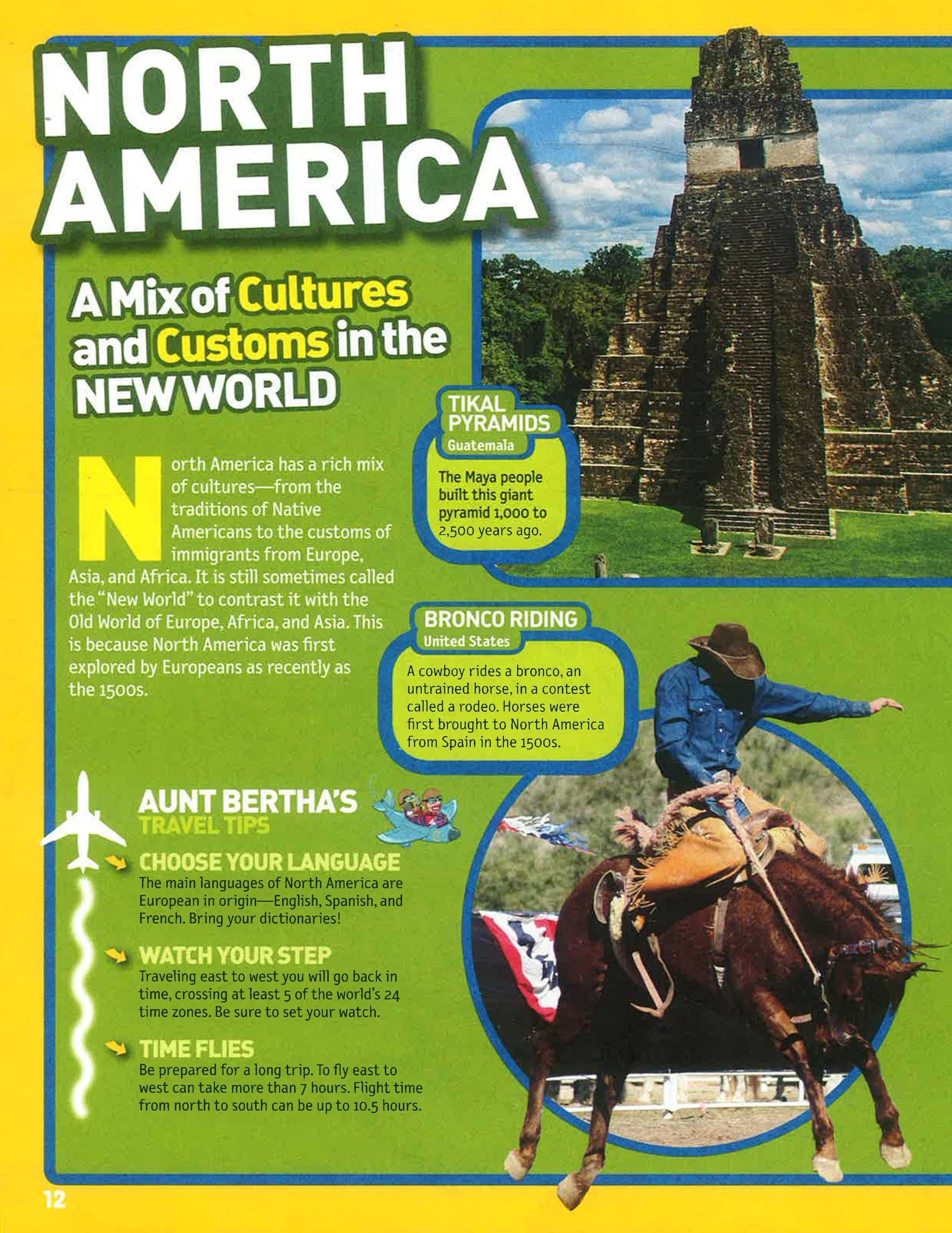 Educational page about North America with images of a pyramid and a bronco rider.