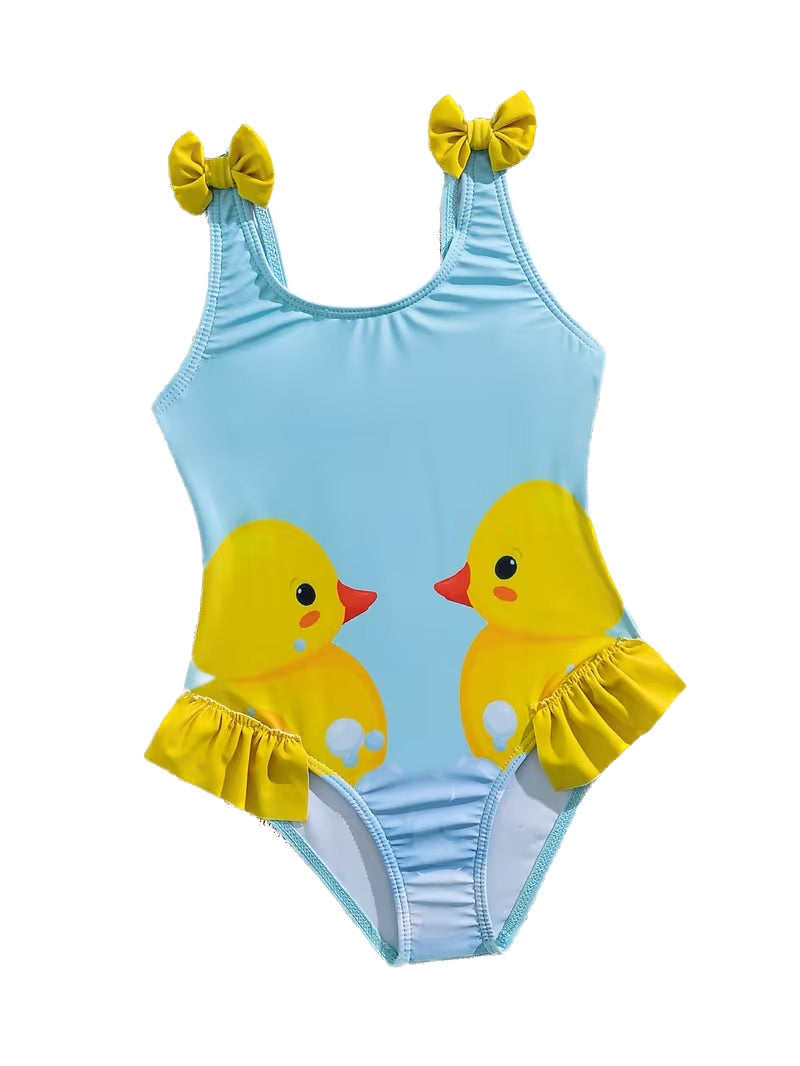 Cute Duckling Double Ruffle Bow Girls' One-Piece Swimsuit