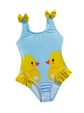 Cute Duckling Double Ruffle Bow Girls' One-Piece Swimsuit