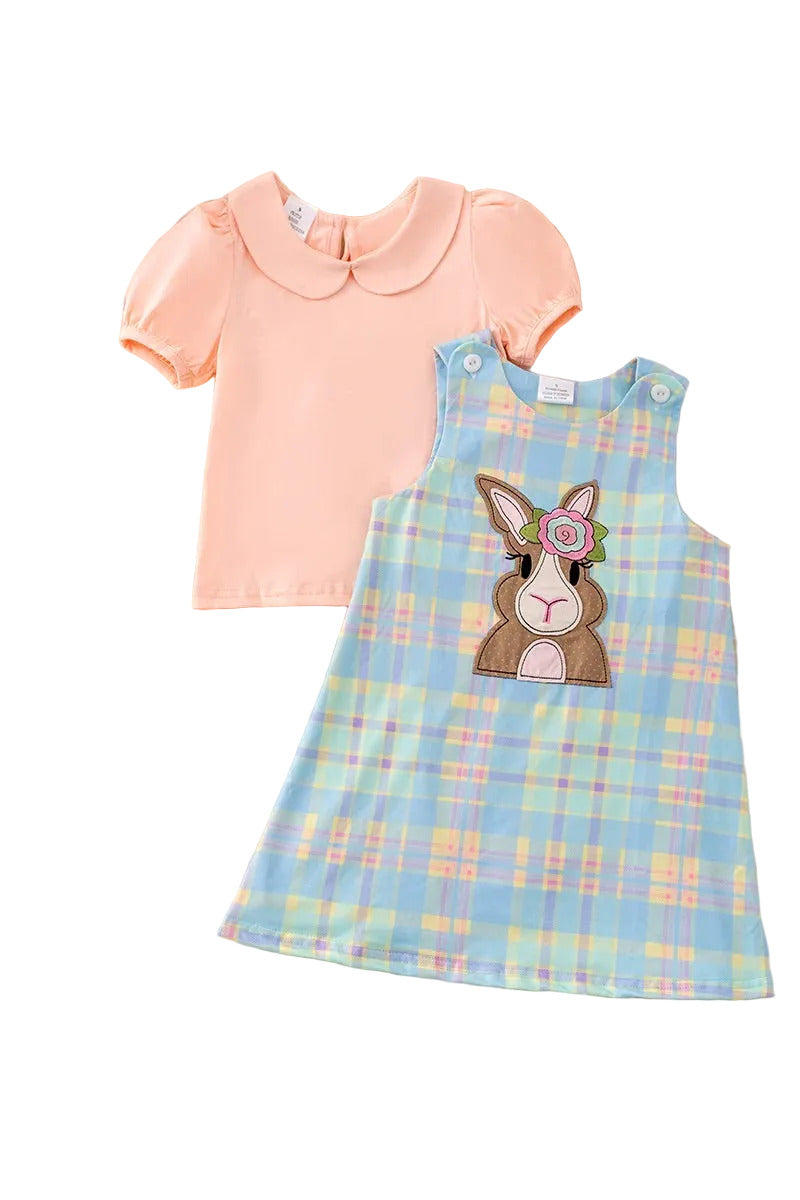 Children's clothing set with pink shirt and blue plaid dress easter bunny girls dress