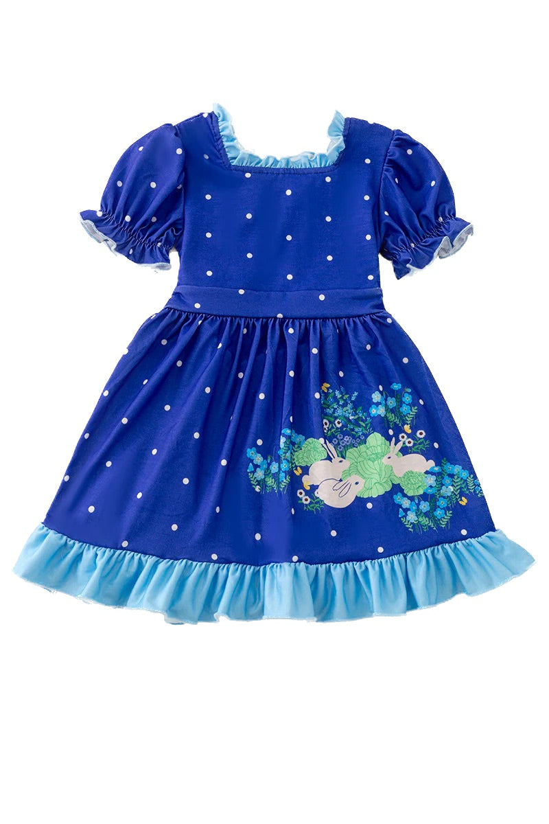 Blue dress with floral design and rabbits