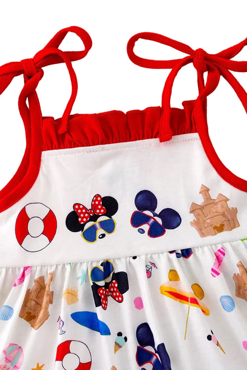 Children's swimsuit with cartoon character prints on a white background