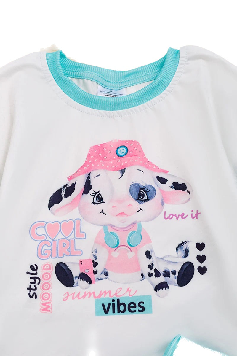 Children's shirt with a cow character and text on a white background