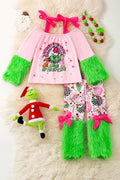Christmas Grinch 2 Piece Set On Pink with Green Fur