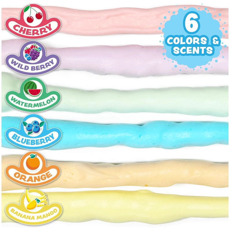 Assorted colorful candy sticks with flavor labels on a white background