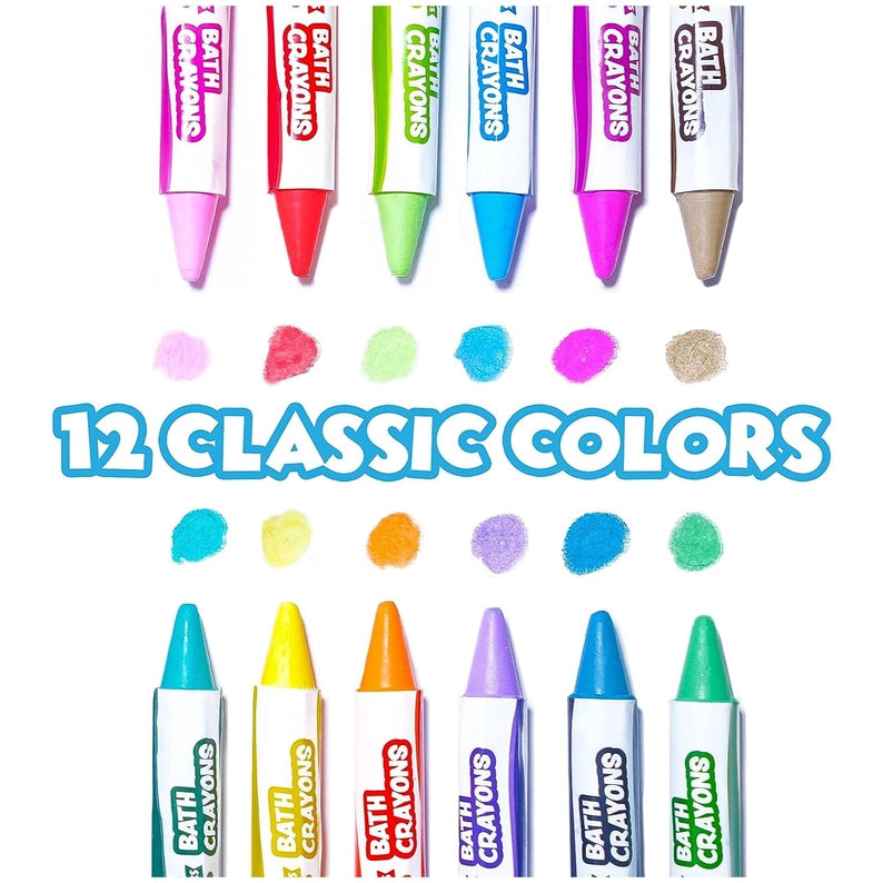 Set of Bath Crayons in 12 classic colors with color swatches on a white background.