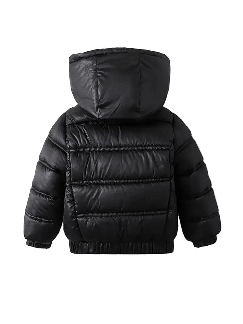 Black puffer jacket with a hood on a white background