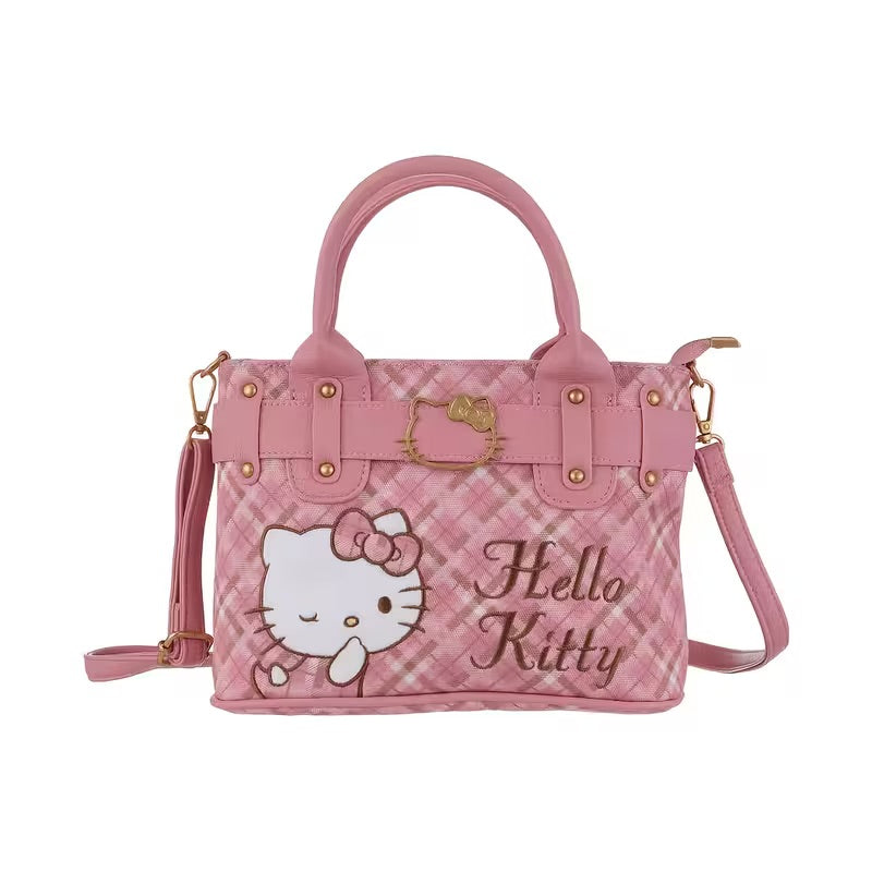 Pink checkered handbag with Hello Kitty design on a white background