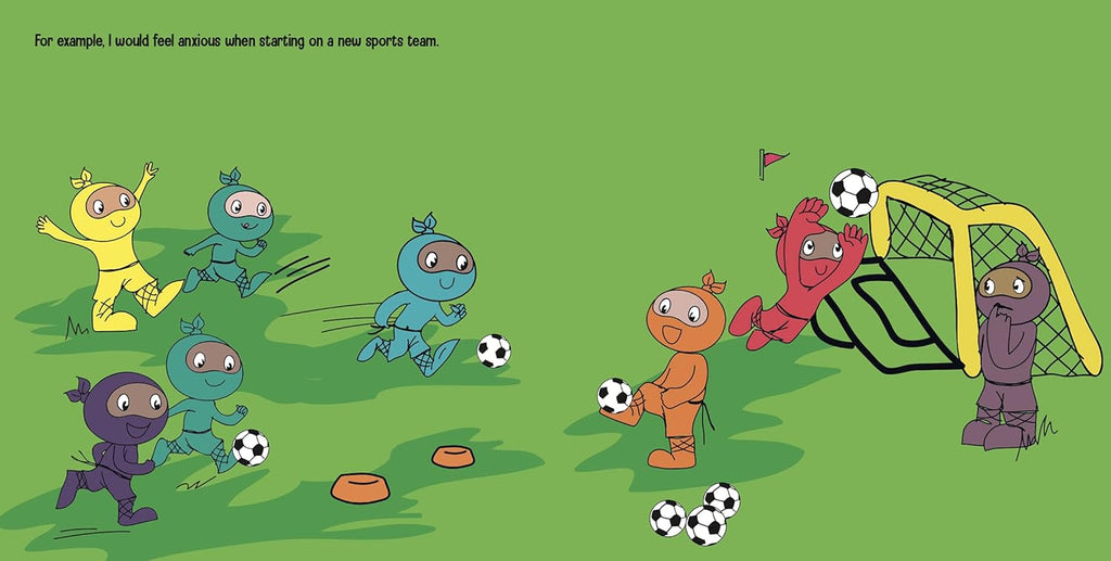 Cartoon characters playing soccer on a green field with a goal.