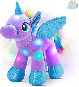 Colorful unicorn plush toy with glowing elements on a light background