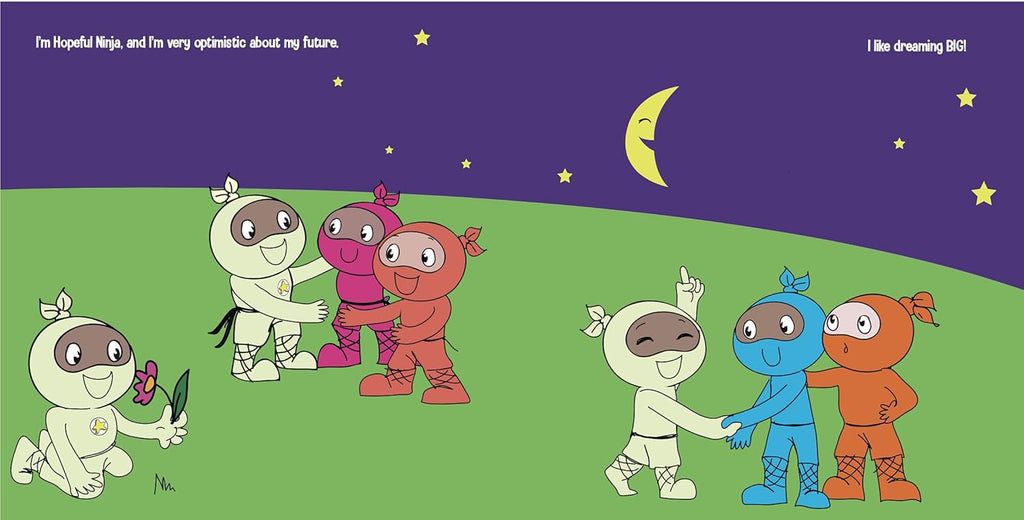 Cartoon characters in colorful outfits on a night sky background