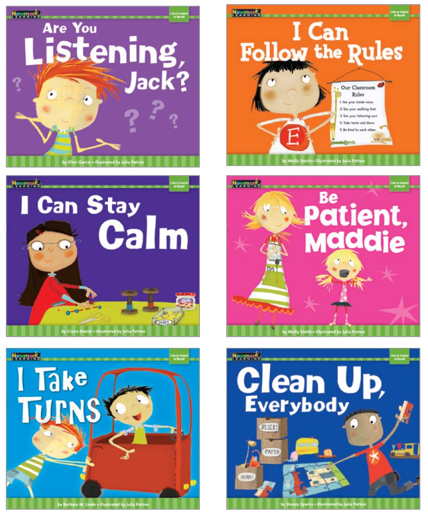 Six children's behavior and social-emotional books arranged in a 2x3 grid. The covers feature bright colors, cartoon children, and titles including 'Are You Listening, Jack?', 'I Can Follow the Rules', 'I Can Stay Calm', 'Be Patient, Maddie', 'I Take Turns', and 'Clean Up, Everybody'.