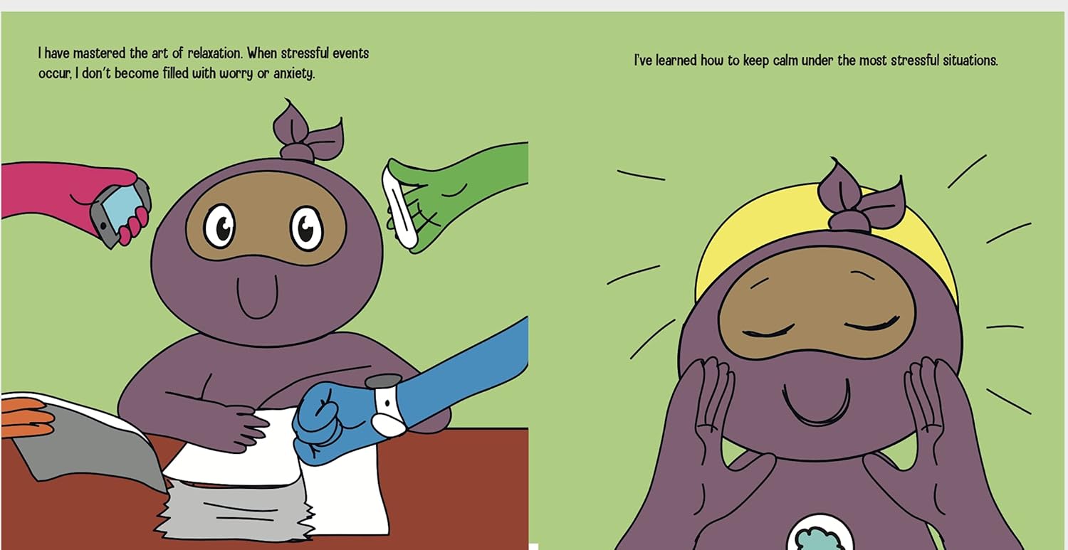 Comic strip with a character managing stress and anxiety, on a green background.