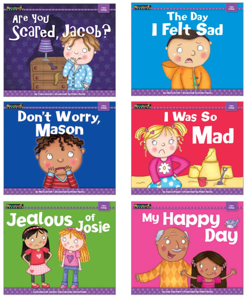 Set of children's books with colorful covers and illustrations.